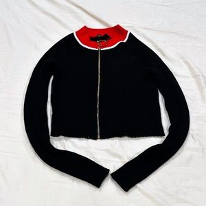 QED London Women Medium Long Sleeve Black Red White Zippered Cardigan Sweater